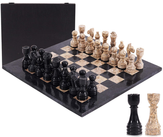 Marble Chess Set for Adults 15" Handmade Black & Coral Board Game with 32 Chess Pieces, 2 Extra Queens & Storage Box, Luxury Travel Game – Elegant for Home Decor