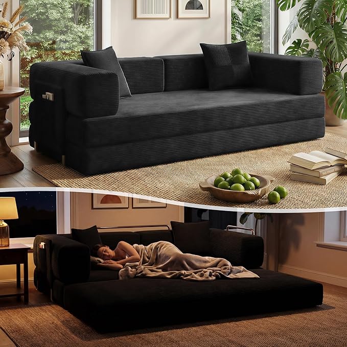 Fancyfire 78.8" Convertible Sofa Bed with Armrest Pillow,4-in-1 Sleeper Couch Bed for Livingroom,Modular Corduroy Boneless couches,No Assembly (Black)