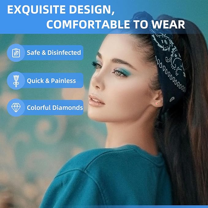 Get the Perfect Ear Piercing with 24 Pcs Premium Ear Piercing Kit - Includes 8 Red CZ Stones Earrings and 8 Easy-to-Use Self Ear Piercing Gun - Safe and Painless