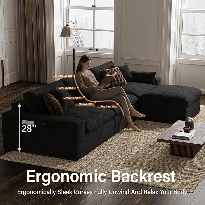 160'' Oversized Boneless Sectional Couches for Living Room, Deepseat Boneless Cloud Modular Sectional Sofa with Ottoman, No Assembly Required L-Shape Cloud Sofa, Plush Fabric, Black
