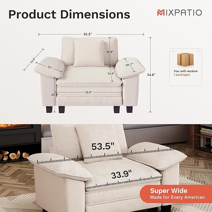 MIXPATIO 53.5" Modular Sectional Single Sofa, Soft Plush Chenille Armchair with Comfortable Deep Seat & Removable Arms for Living Room，Beige
