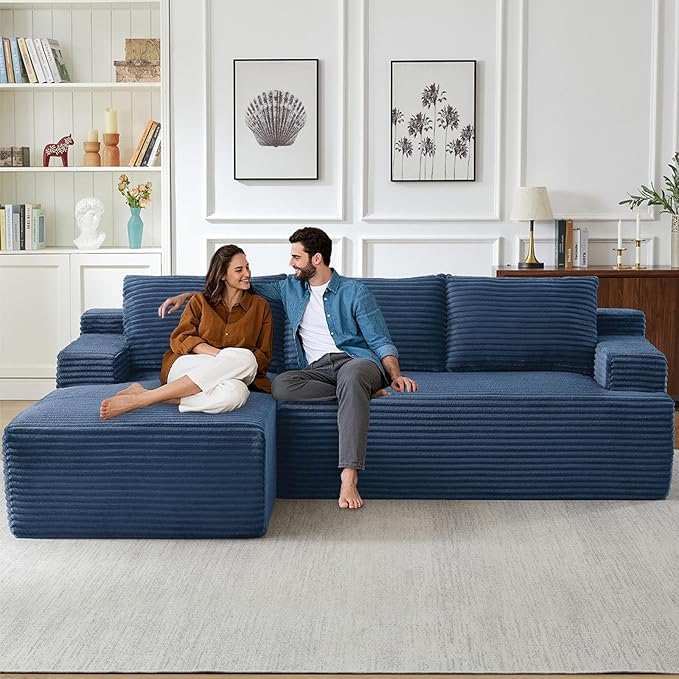96" Cloud Sectional Couch with L-Shape Chaise, Modern Corduroy Boneless Couch for Living Room,Memory Foam Sofa with Deep Seat,No Assembly Required (Blue,Left-Facing Chaise)