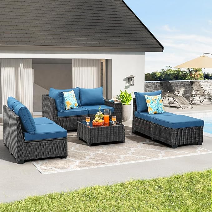 SunloungeCo 7 Pieces Outdoor Patio Furniture Set, Wicker Conversation Sets with Tea Table, Rattan Patio Sofa with Thick Cushions for Garden, Backyard Porch, Poolside,Peacock