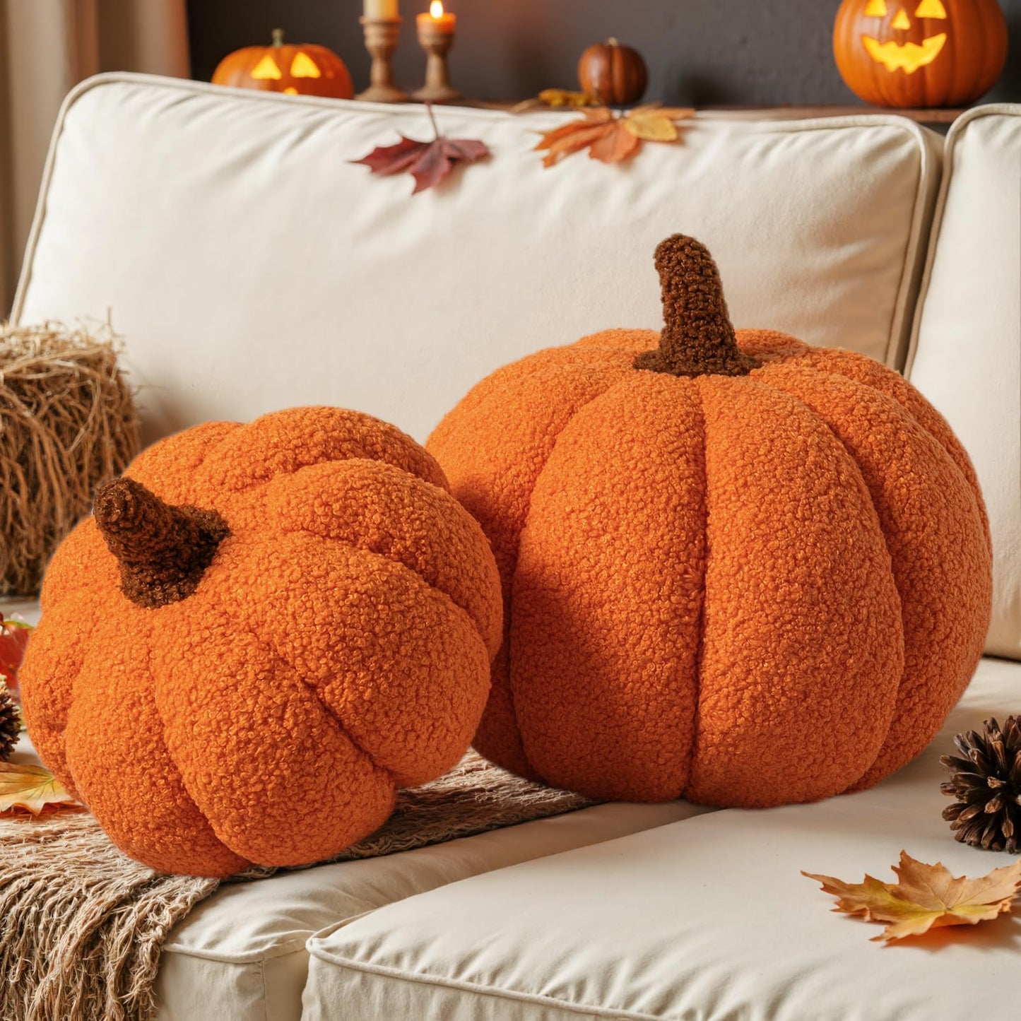 Lanpn Fall Pumpkin Pillows Set of 2, Halloween Decoration Plush Throw Pillows Soft Fleece Sherpa Cute 3D Shaped Cushion for Sofa Couch Bedroom Autumn Thanksgiving (Orange, 12.6x8.7in & 9x5.9in)