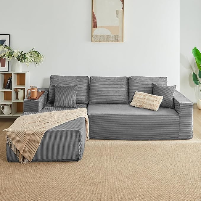 Modular Sectional Sofa Cloud Couch with Multi-Functional Armrests, Boneless Plush L-Shape Living Room Couch with Deep Seat, Fluffy Comfy Sleeper Sofa Easy Assembly (Gray, Right Chaise)