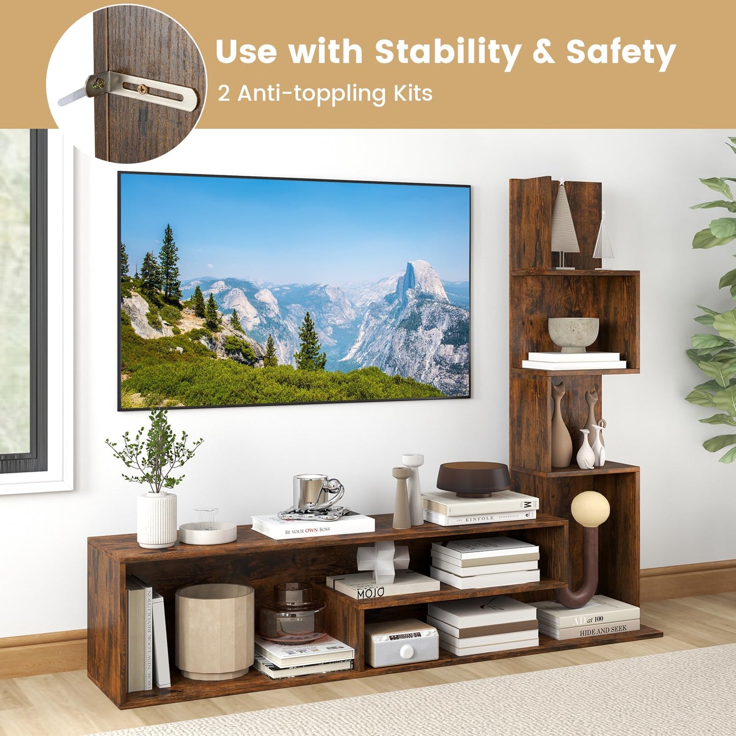 Giantex L-Shaped TV Stand for TVs up to 50", TV Entertainment Center with Storage & 3 Tier Bookshelves, Modern TV Console Table for Living Room, Bedroom, Entryway (Rustic Brown)