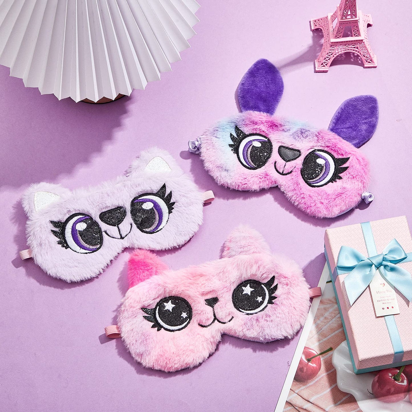 3 Pieces Sleep Mask for Kids, Girls Plush Sleeping Eye Cover Soft Eye Blindfold Cover Animal Shade for Kids(Purple, Big Eyes Style)