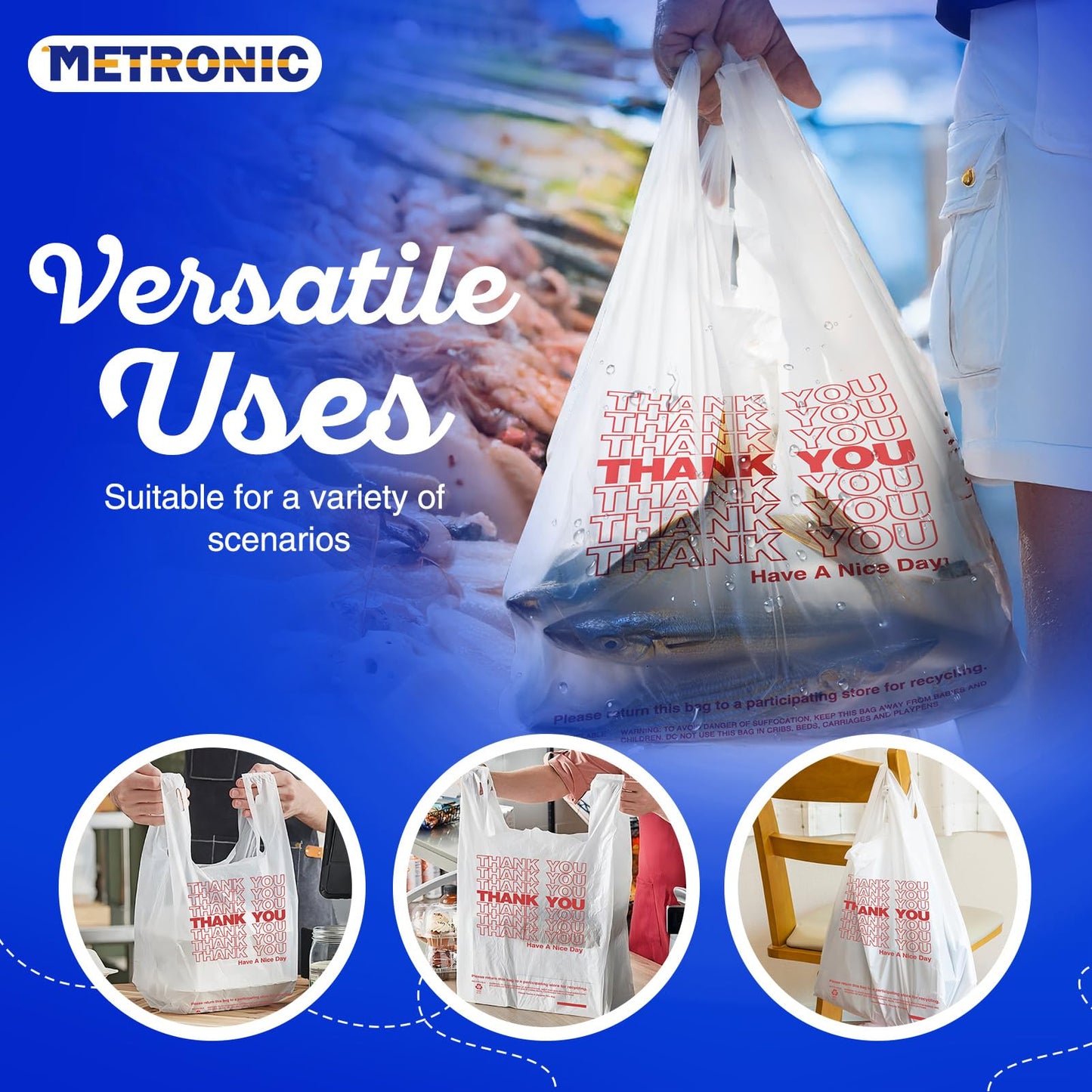 METRONIC 1000 Count White Thank You Bags with Handles, 11.5" x 6.5" x 21" Plastic Carry Bags for Retail, Supermarket, Grocery Shopping Bag for T-shirt Packaging, Takeout, Convenience Stores, in Bulk