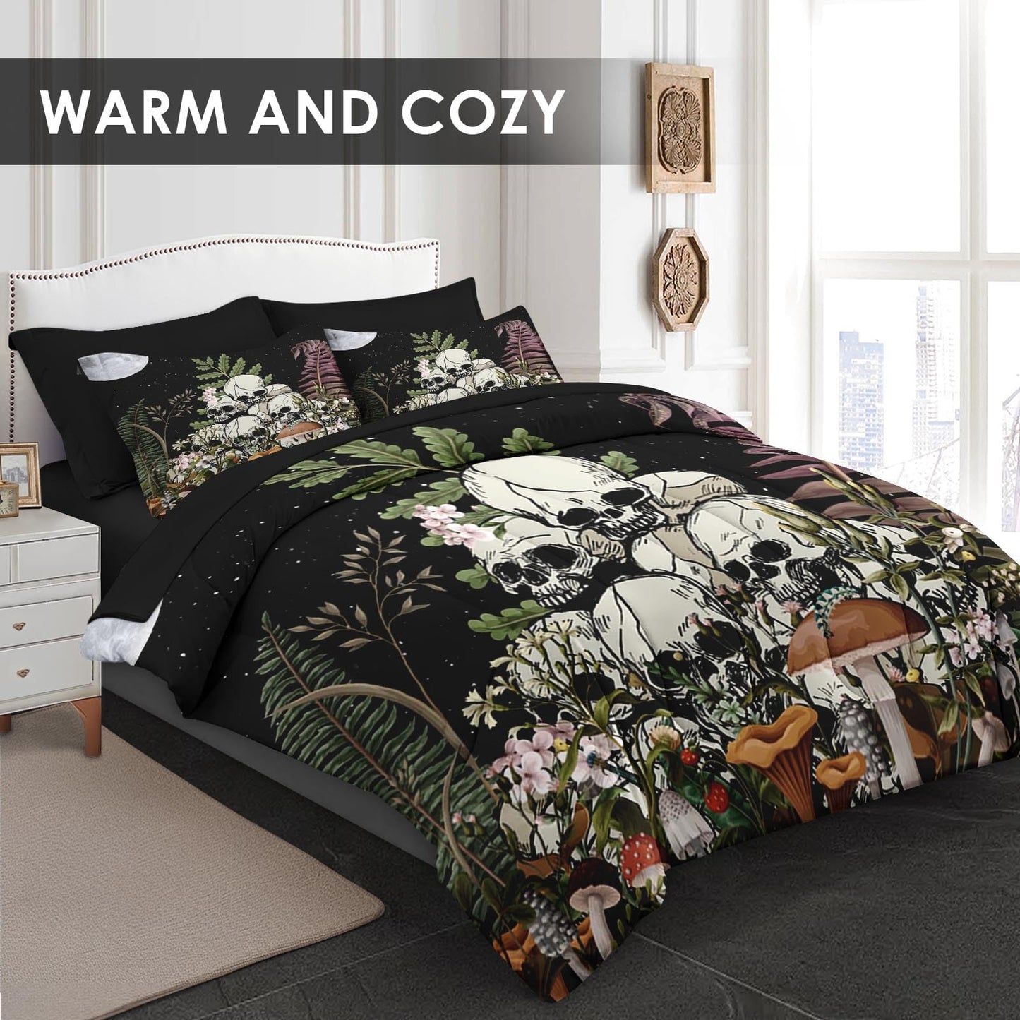 Pamnest Comforter Set Queen Size, Mushroom Plant 7 Pcs Bedding for Kids and Adults, Skeleton Spooky Retro Bed Sheet Sets with Fitted Sheet 2 Pillowcases & 2 Shams for Bedroom Bed Decor
