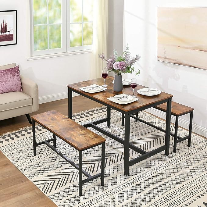 VASAGLE Dining Bench, Pair of 2, Industrial Style, Steel Frame, for Kitchen, Living Room, 12.8 x 42.5 x 19.7 Inches, Rustic Brown + Black，UKTB33X