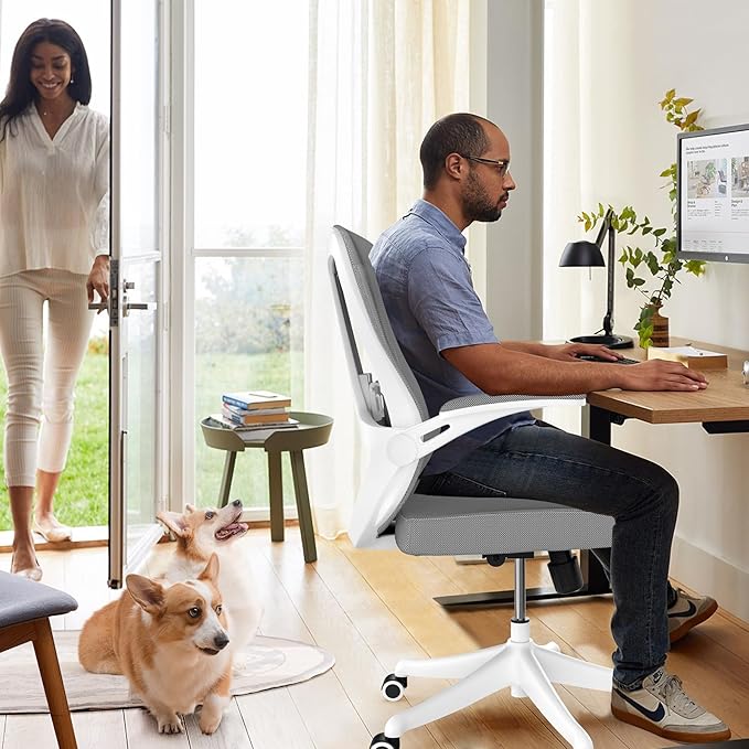 Office Chair, Ergonomic Comfort Home Desk Chair, Mid Back Gaming Chair with Wheels, Adjustable Height, Lumbar Support, Flip-up Armrest with 350LBS Capacity