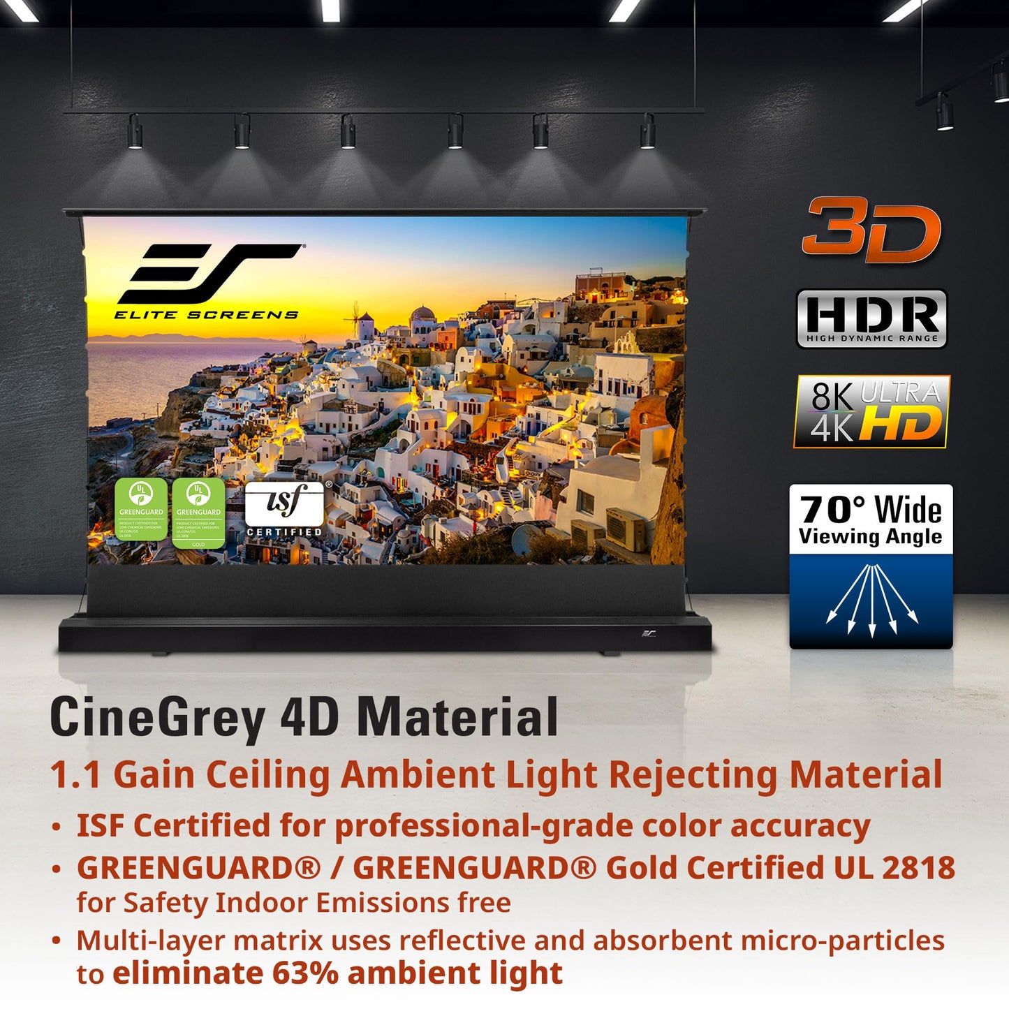 Elite Screens Kestrel Tab-Tension Pro CineGrey 4D, 135" Diag., 16:9 Aspect Ratio, ISF Certified 4K/8K Ultra HD Electric Floor-Rising Motorized Tab-Tensioned Front Projector Screen, FTE135H3-C4D