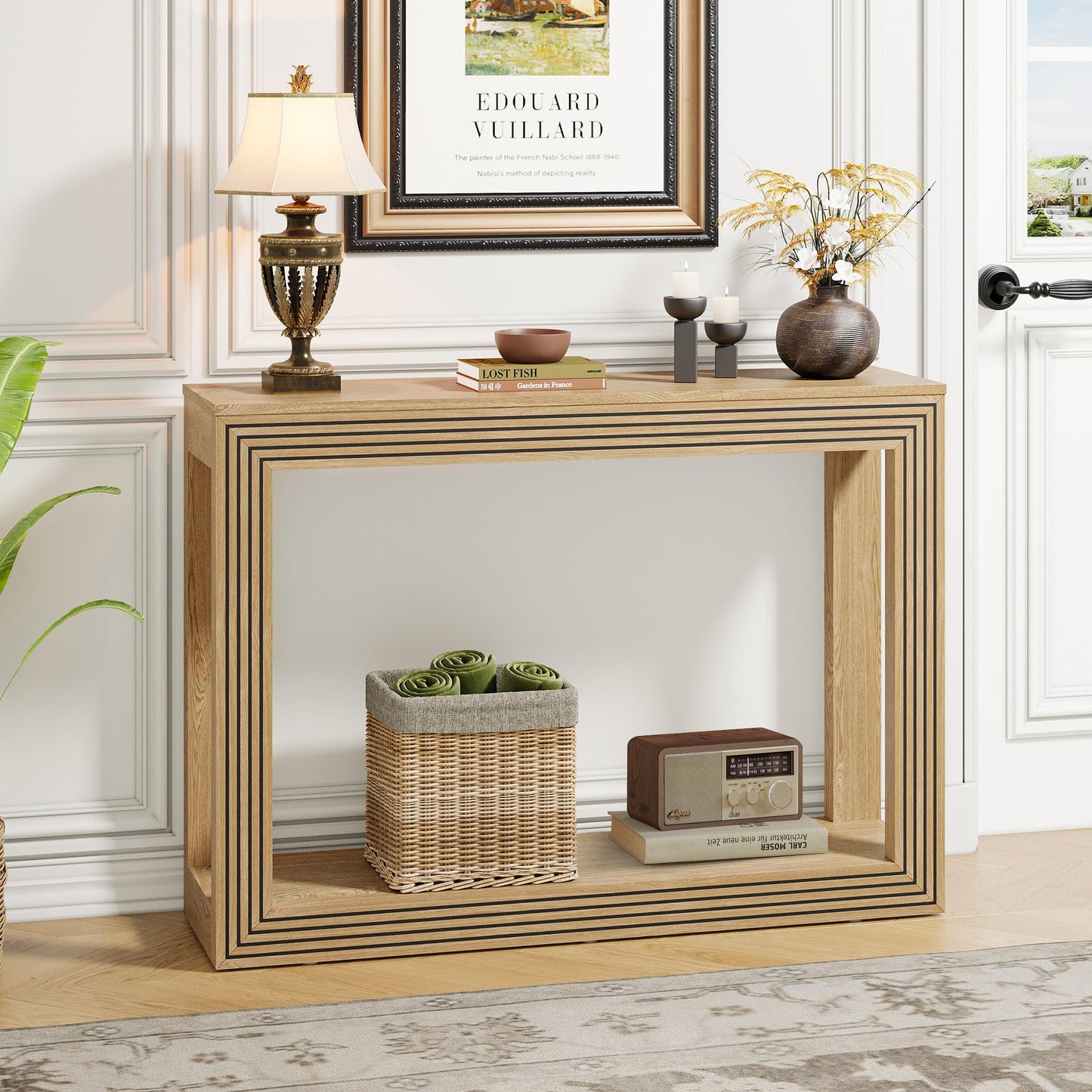 AVZEAR Fluted Entryway Console Table with Storage Shelf, 43" Mid-Century Couch Table Behind Sofa Long and Skinny for Living Room Hallway Entrance Foyer, Nature