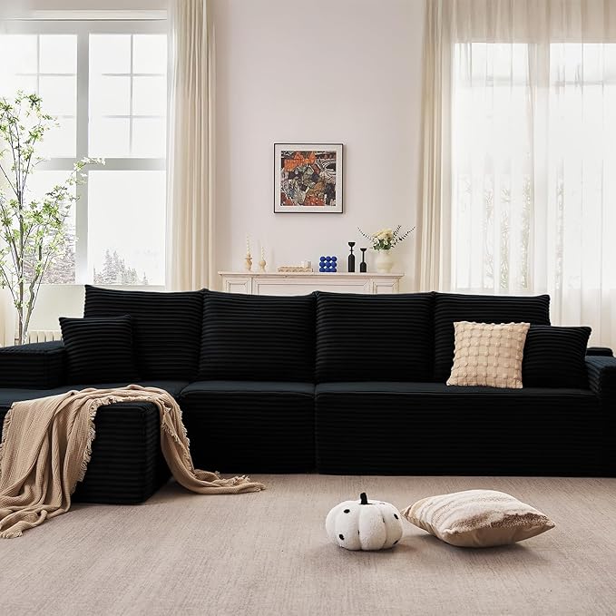 135.4" Cloud Sectional Couch with L-Shape Chaise, Modern Corduroy Boneless Couch for Living Room,Memory Foam Sofa with Deep Seat,No Assembly Required (Black,Left-Facing Chaise)