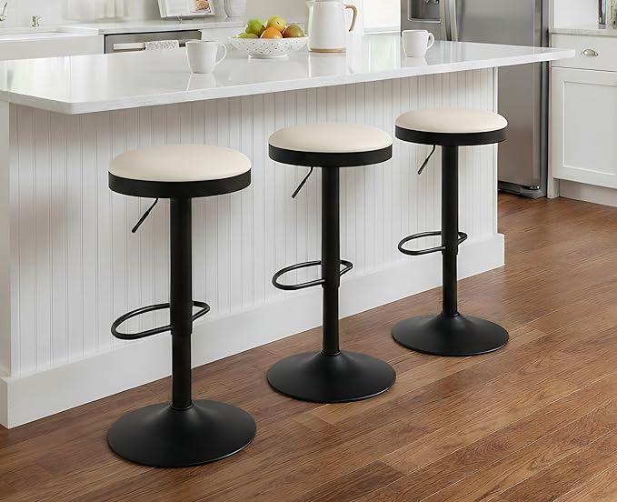 EALSON Modern Swivel Bar Stools Set of 3 Adjustable Counter Height Backless Barstools with Metal Base Leather Upholstered Round Bar Stool Chairs for Kitchen Island/Pub/Breakfast Bar, Beige