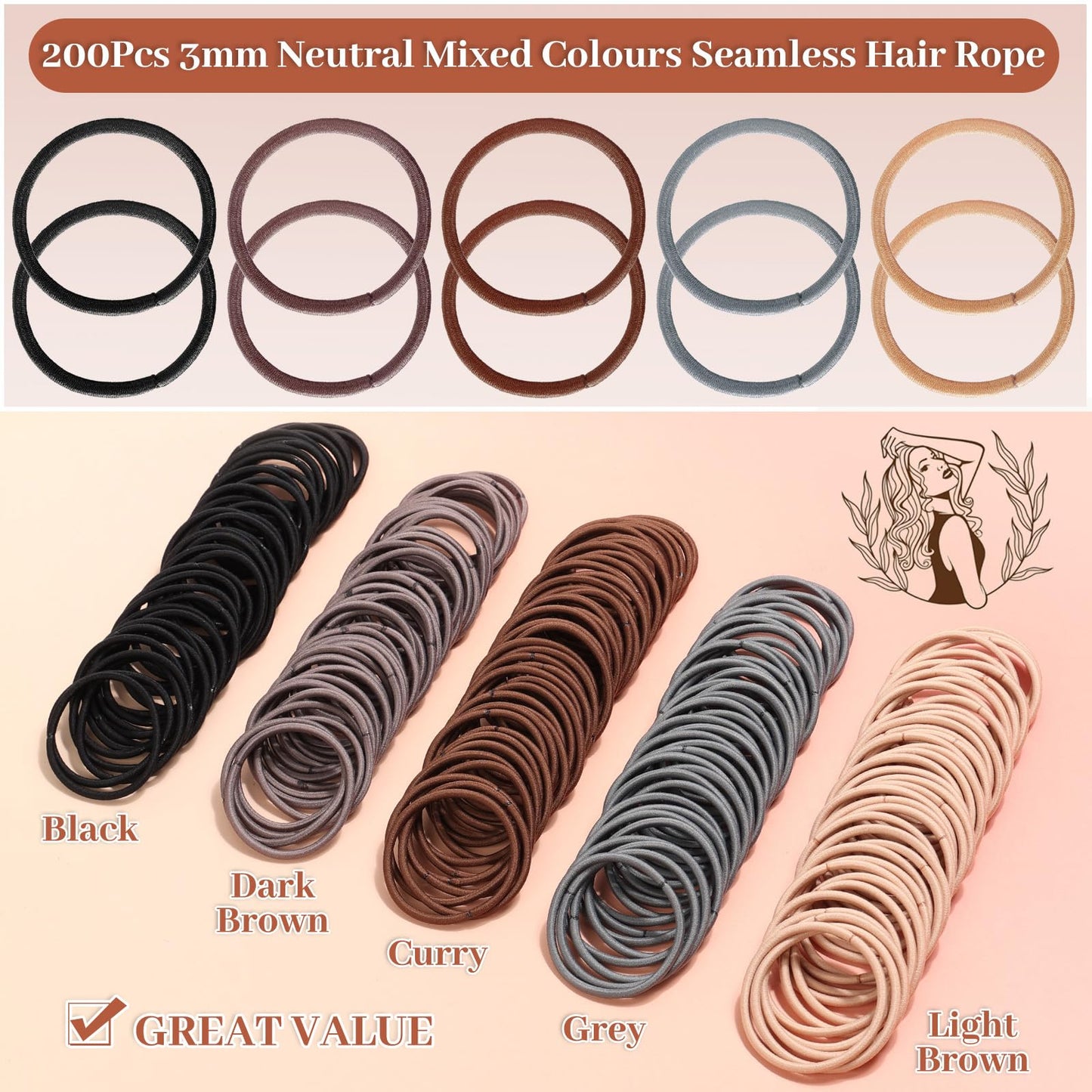 Anezus 200 Pcs Hair Ties for Women Girls Hair Elastics Hair Bands Ponytail Holders Hair Rubber Bands for Thick Straight Curly Ha