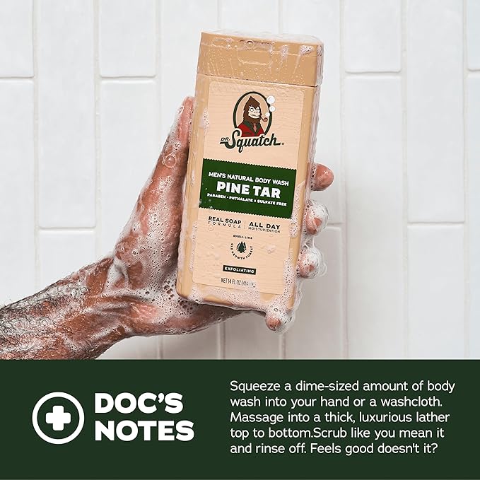 Dr. Squatch NEW Body Wash for Men with Nourishing, Natural Ingredients | No Paraben, Phthalate, Sulfate | Pine Tar (14 oz), Coconut Castaway & Wood Barrel Bourbon (8 oz, 2-Pack) & Body Scrubber