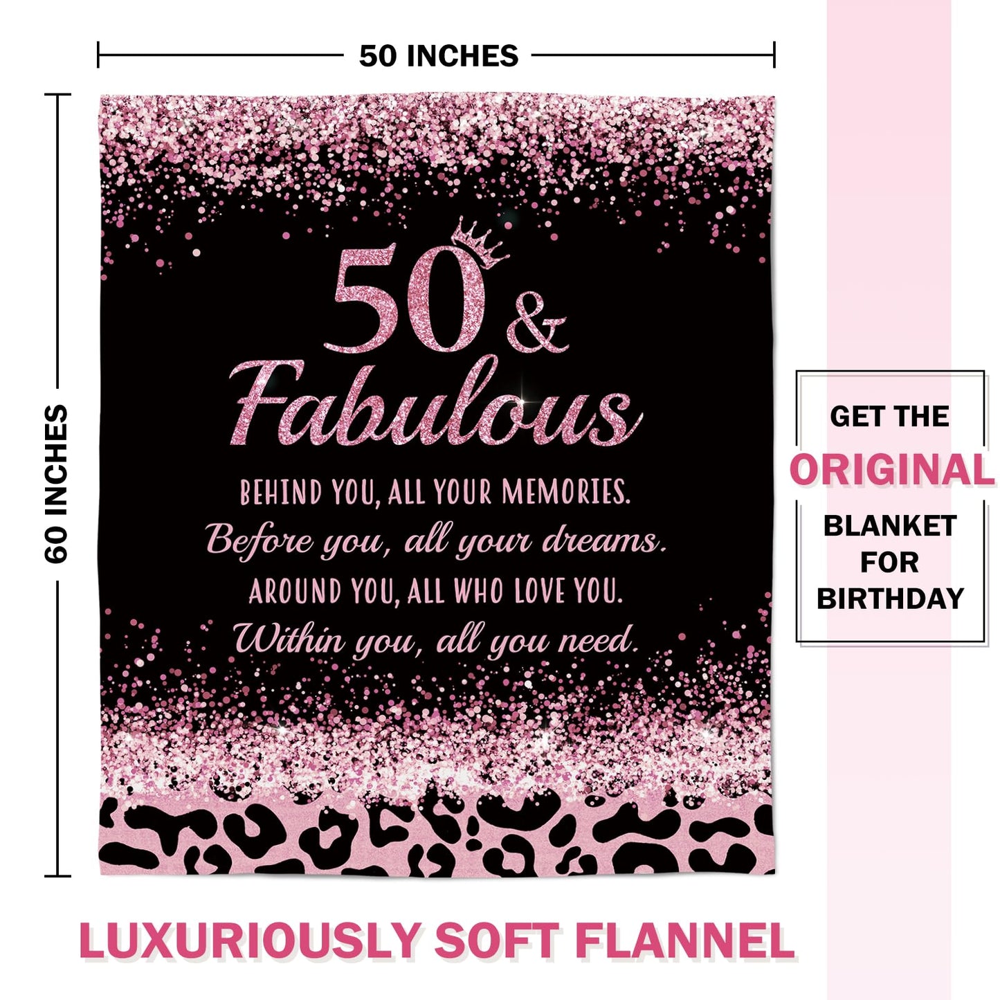 GoMelley 50th Birthday Gifts for Her- 50 and Fabulous Cheetah Leopard Print Flannel Blanket- 50 Years Old Gifts for Women, 50th Birthday Gifts for Women, Friends, Mom, Wife, Aunt, Sister, 60"*50"