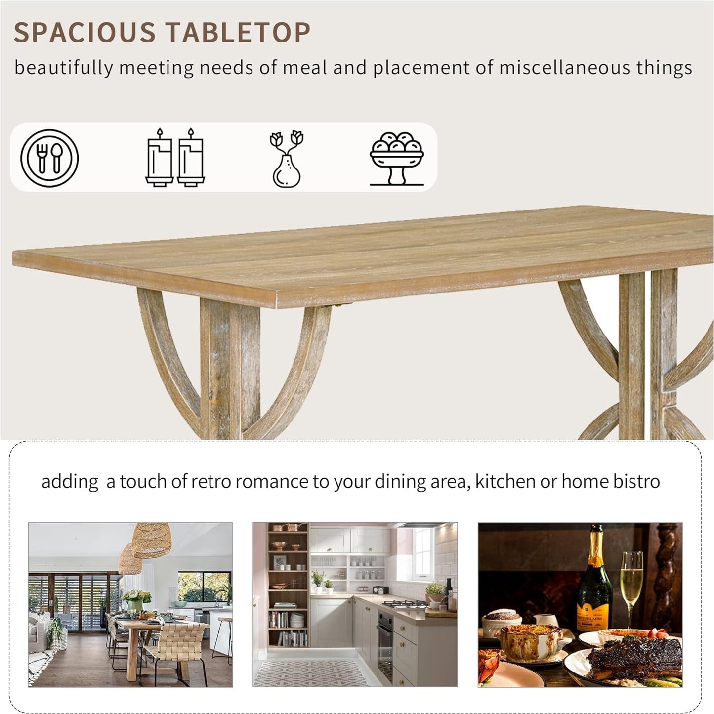 Solid Wood Kitchen Dining Room Table Set with Bench and Chairs for 6 Persons, Dining Table Set with with Rectangulars Table and Upholstered Seat, Natural Wood Wash