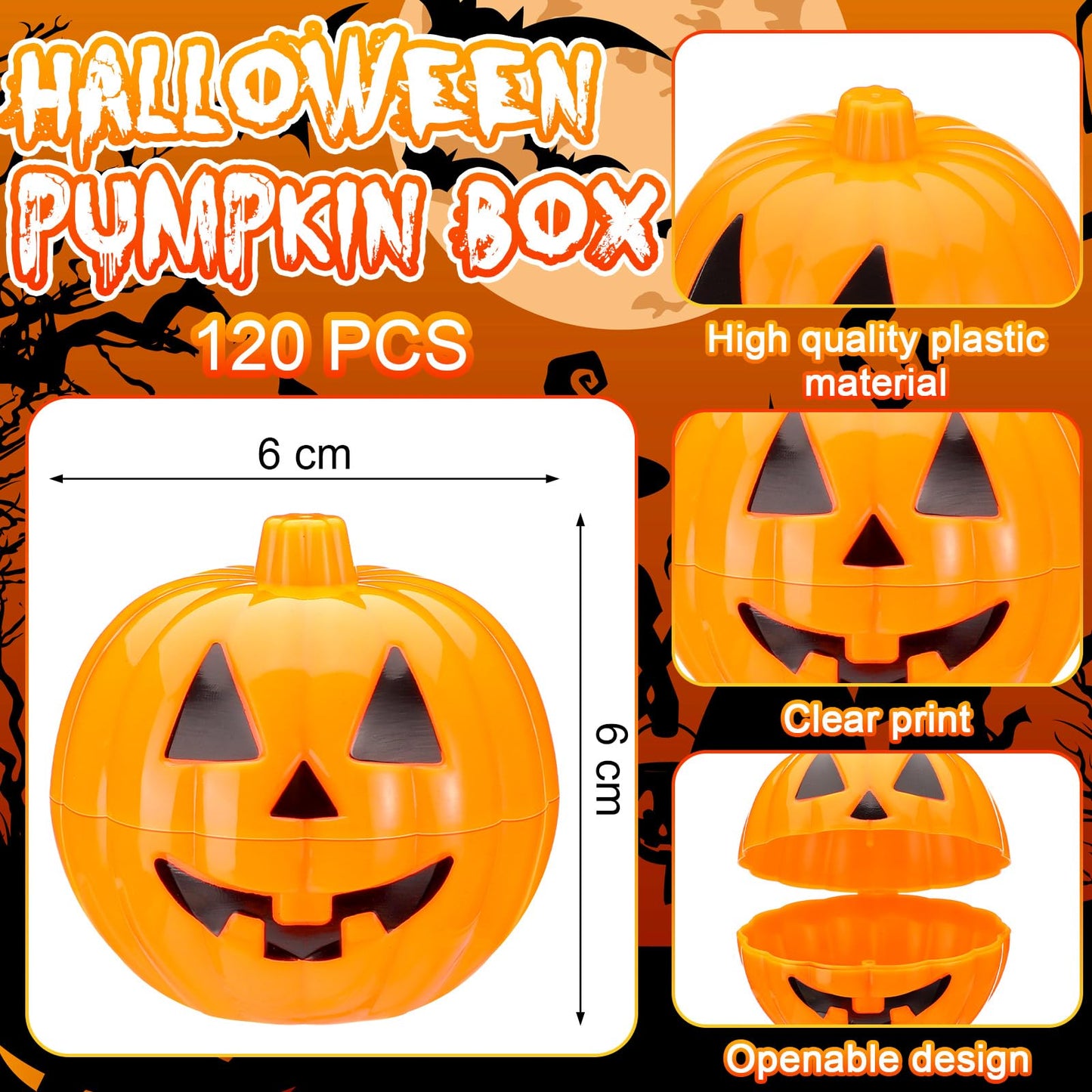 Lallisa 120 Pcs Halloween Pumpkin Containers Plastic Storage Box Case Bulk, Mini Pumpkin Egg Candy Gift Bucket for Halloween Trick Treat Decoration Party Supplies(Orange)