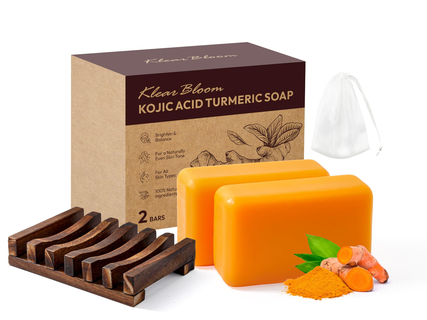 KlearBloom Kojic Acid Soap, Turmeric Soap Bar for Dark Spots with Collagen, Vitamin E, Retinol, Hyaluronic Acid, Shea Butter - 1
