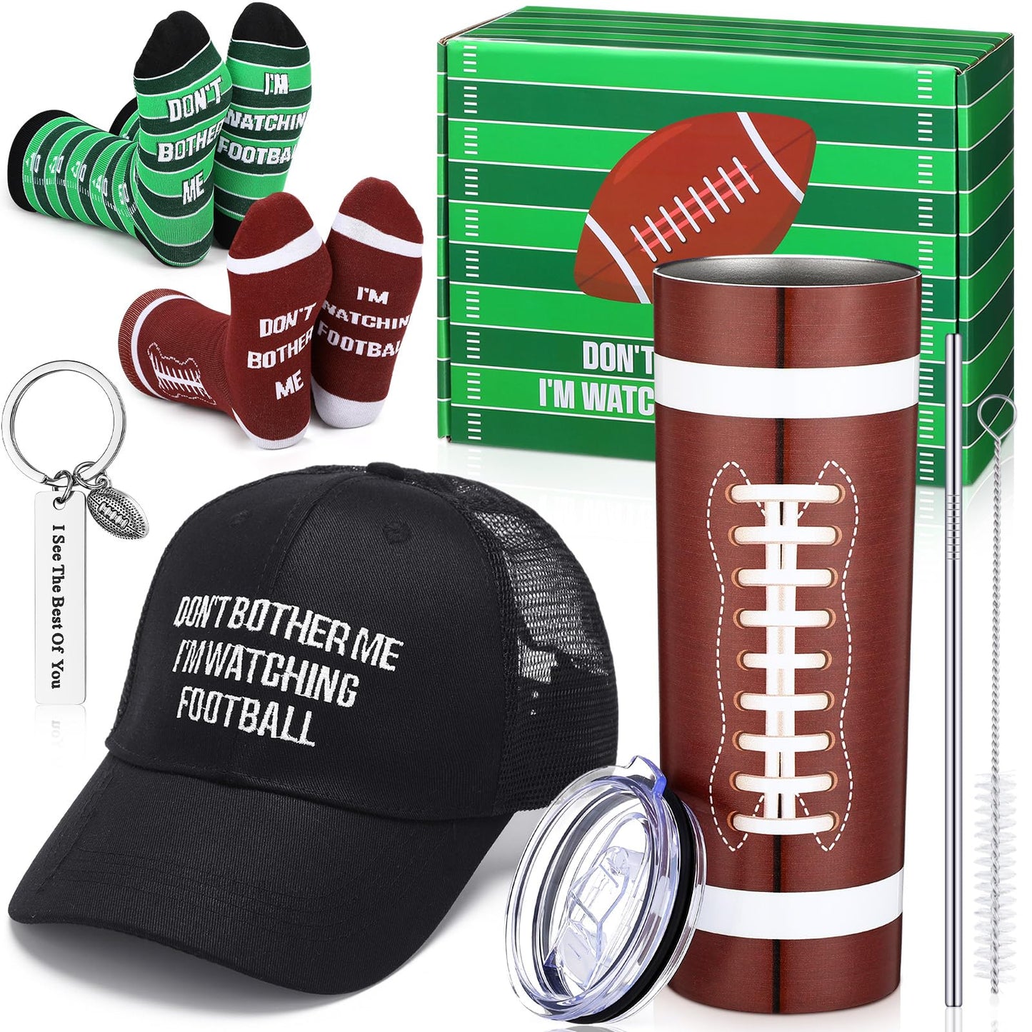 VioraWhite 6 Pcs Football Fan Gift Set Football Tumbler Gift Football Socks Football Cap Football Keychain Gift Box for Men Dad Boyfriend Husband Brother Friends Football Birthday Gift