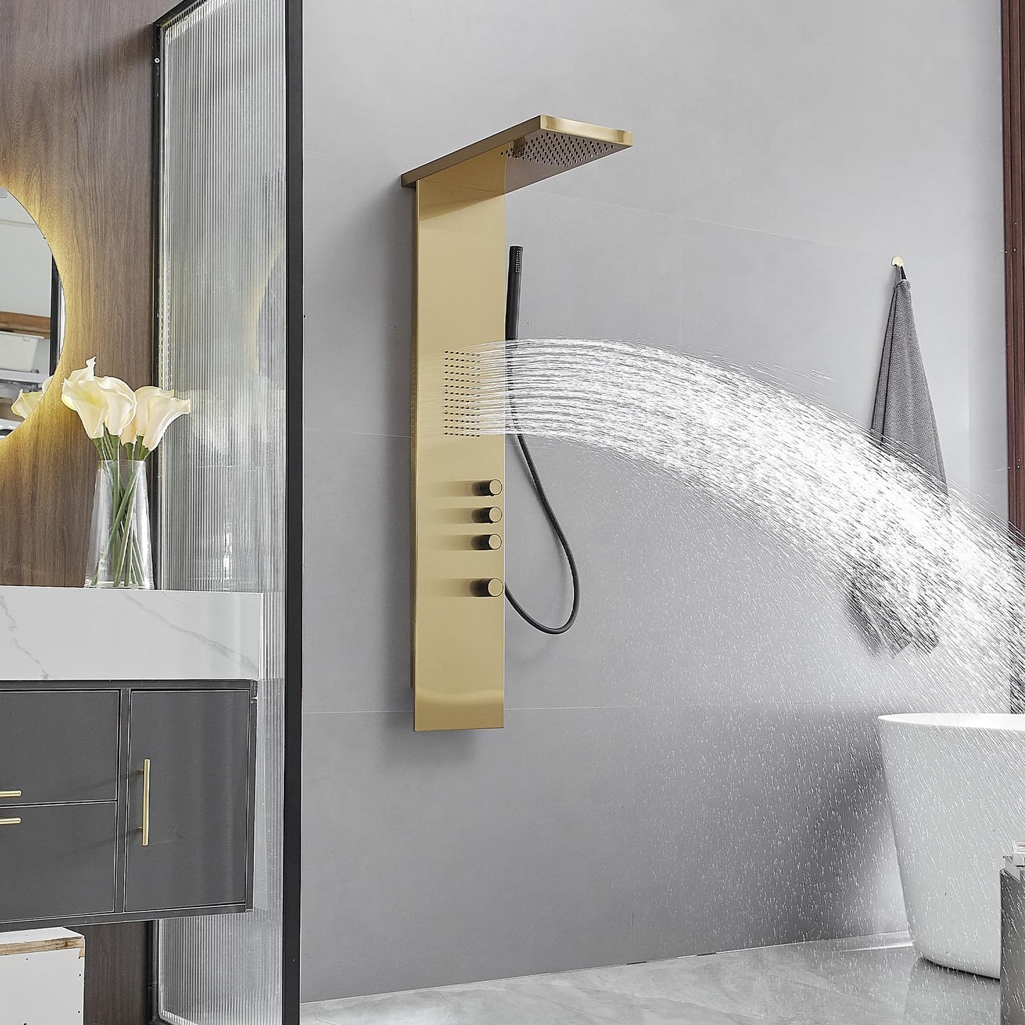 Greenspring Shower Tower Bathroom Shower Panel System with Rainfall Shower Head Hand Shower and Large Area Body Spray, Stainless Steel Multi-Function Shower Fixtures, Brushed Gold
