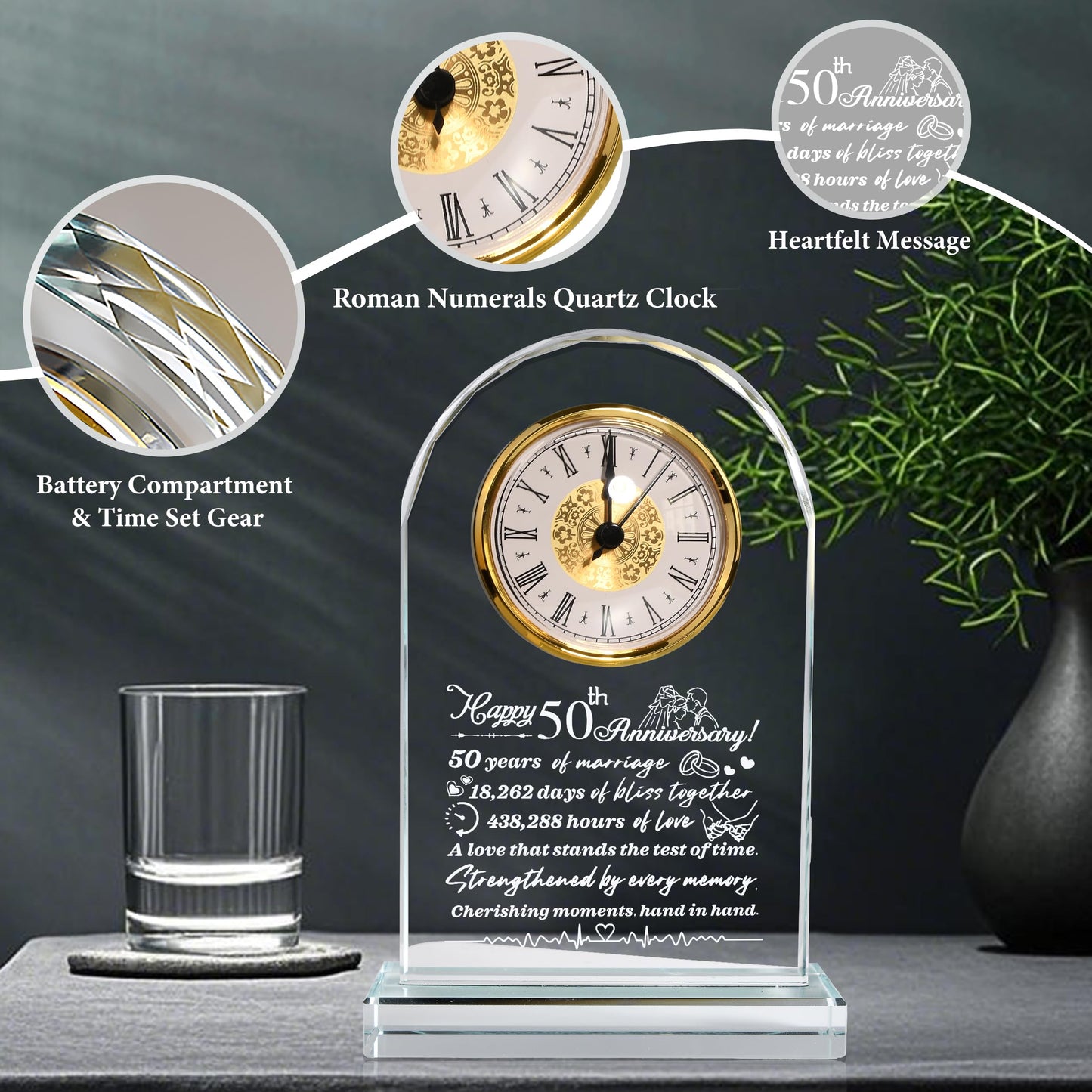 QIANCHANG 50th Anniversary Crystal Quartz Clock: Gift for Parents, 50th Anniversary Delicate Golden Clock, 50th Anniversary Decorative Gift
