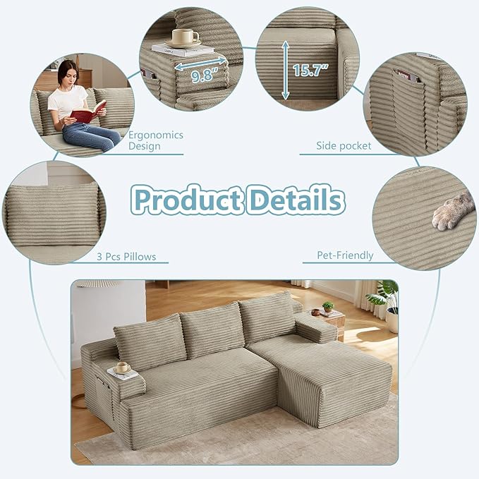 96" Cloud Sectional Couch with L-Shape Chaise, Modern Corduroy Boneless Couch for Living Room,Memory Foam Sofa with Deep Seat,No Assembly Required (Camel,Right-Facing Chaise)