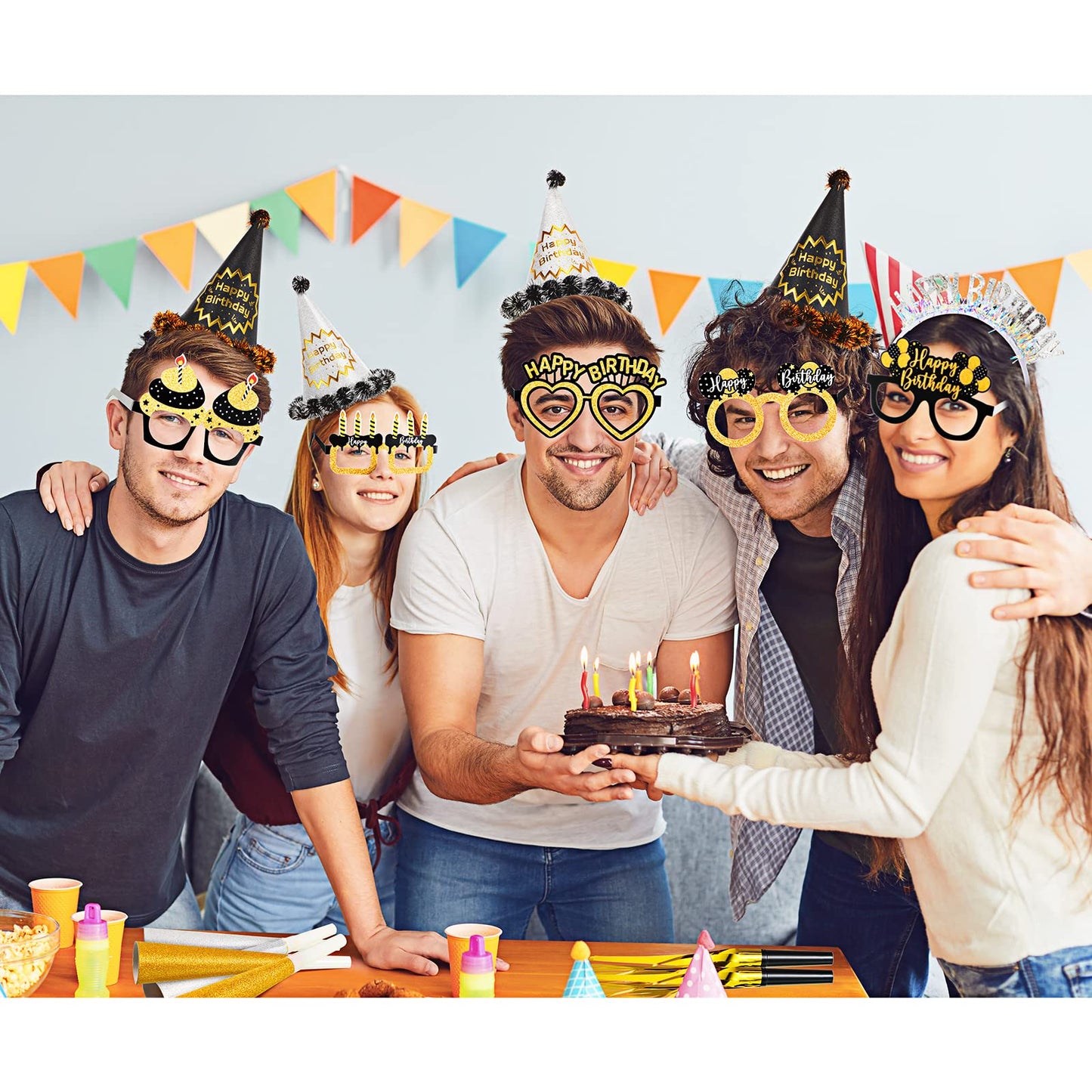 Sratte 36 Pcs Black Gold Style Birthday Party Favors Set Happy Birthday Hat Headband Glasses Noise Makers Party Horns