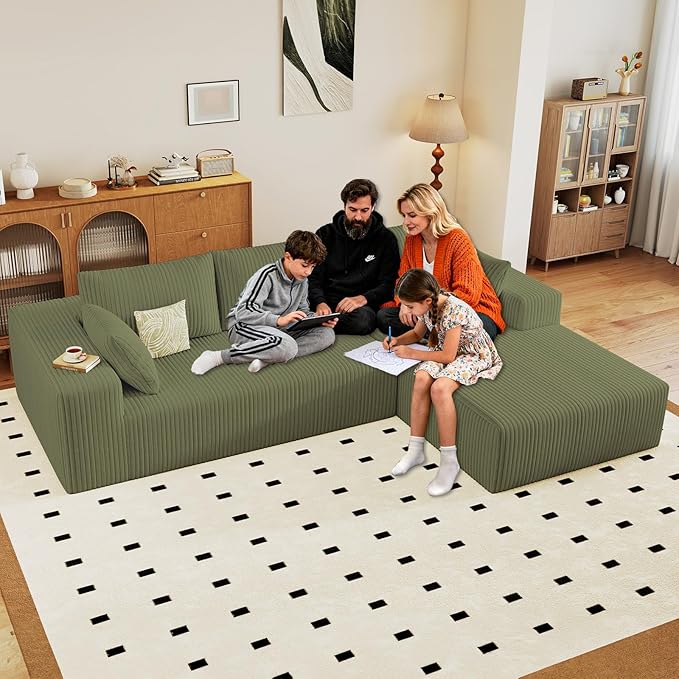 96" Cloud Sectional Couch with L-Shape Chaise, Modern Corduroy Boneless Couch for Living Room,Memory Foam Sofa with Deep Seat,No Assembly Required (Green,Right-Facing Chaise)