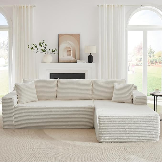 Vanress Cloud Couch Sectional, Corduroy Boneless Couch with L-Shape Chaise, Modern Modular Sectional Sofa Comfy Deep Seat for Living Room, Bedroom, No Assembly (White, Right Facing Chaise)