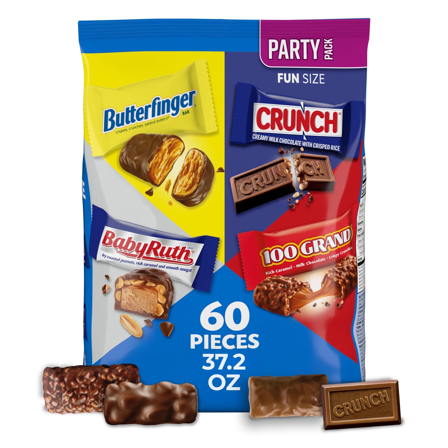Butterfinger, CRUNCH, Baby Ruth, 100 Grand Fun Size Assorted Candy Bars, Great for Sharing, Bulk 60 Count Pack, 37.2 oz