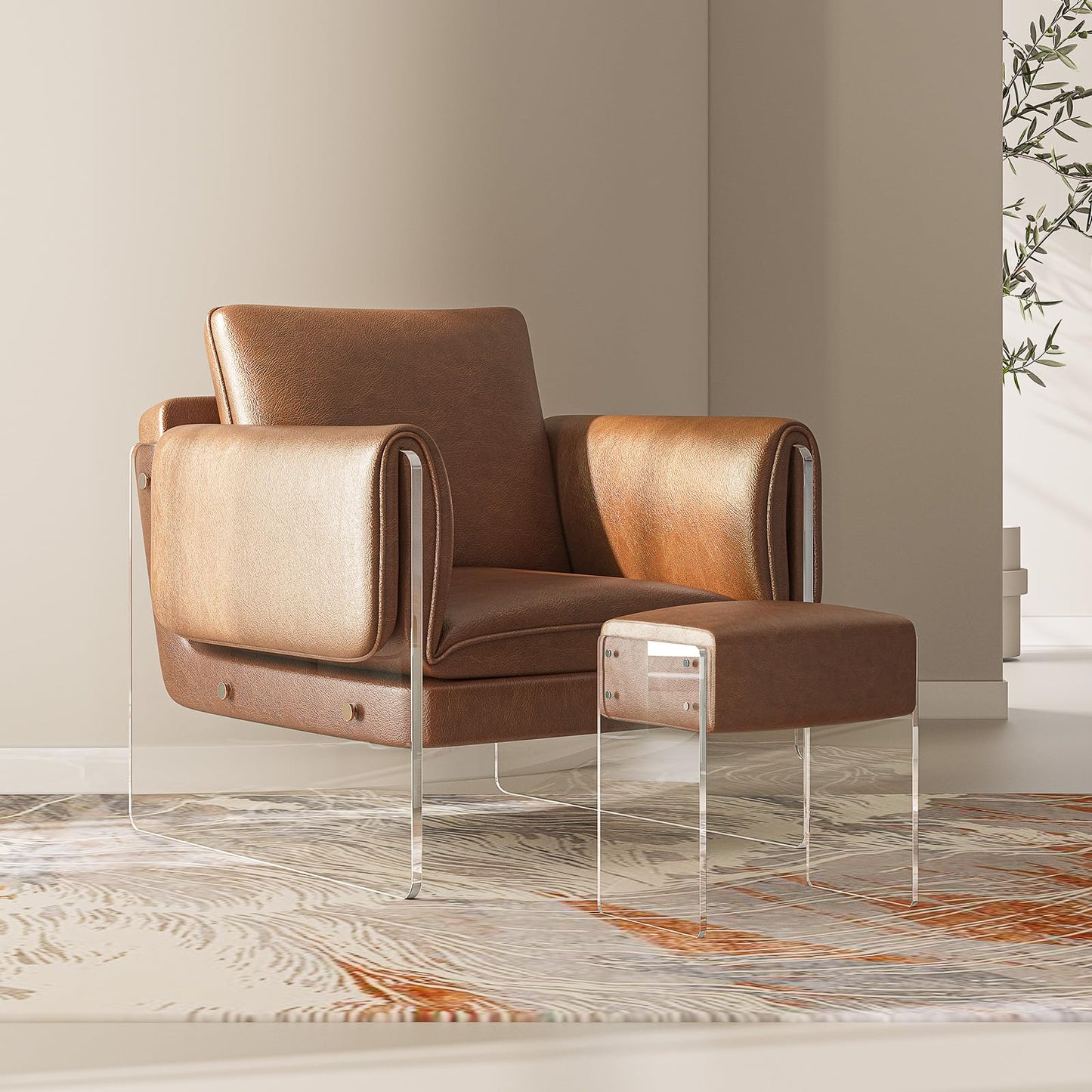bitaycan Leather Vanity Stool Chair, Modern Ottoman and Foot Rest with Leather and Acrylic Leg for Makeup Room, Living Room, Bedroom, Brown