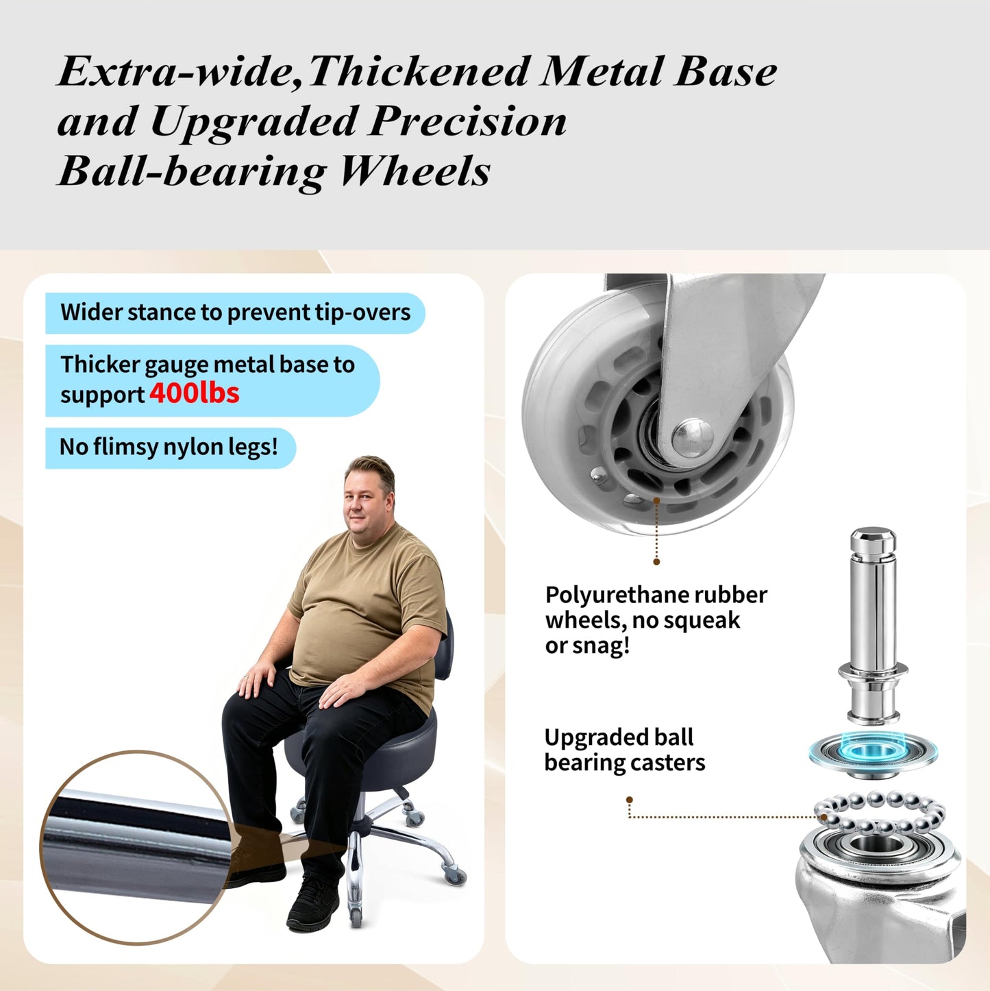 Ergonomic Drafting Stool with Backrest, 400LB Heavy Duty Hydraulic Stool, 19-25 Inch Adjustable Height Rolling Stool Chair with Lumbar Support for Standing Desk, Salon, Tattoo, Kitchen, Home Office
