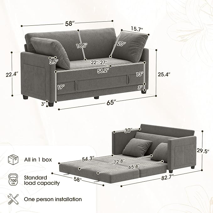 Myroyalsit 65" Convertible Loveseat Sofa Bed, 2-in-1 Folding Sofa Bed with 2 Pillow for Small Spaces, Modern Loveseat Sleeper Couch for Apartment, Living Room & Guest Room (Grey Chenille, 65 inch)