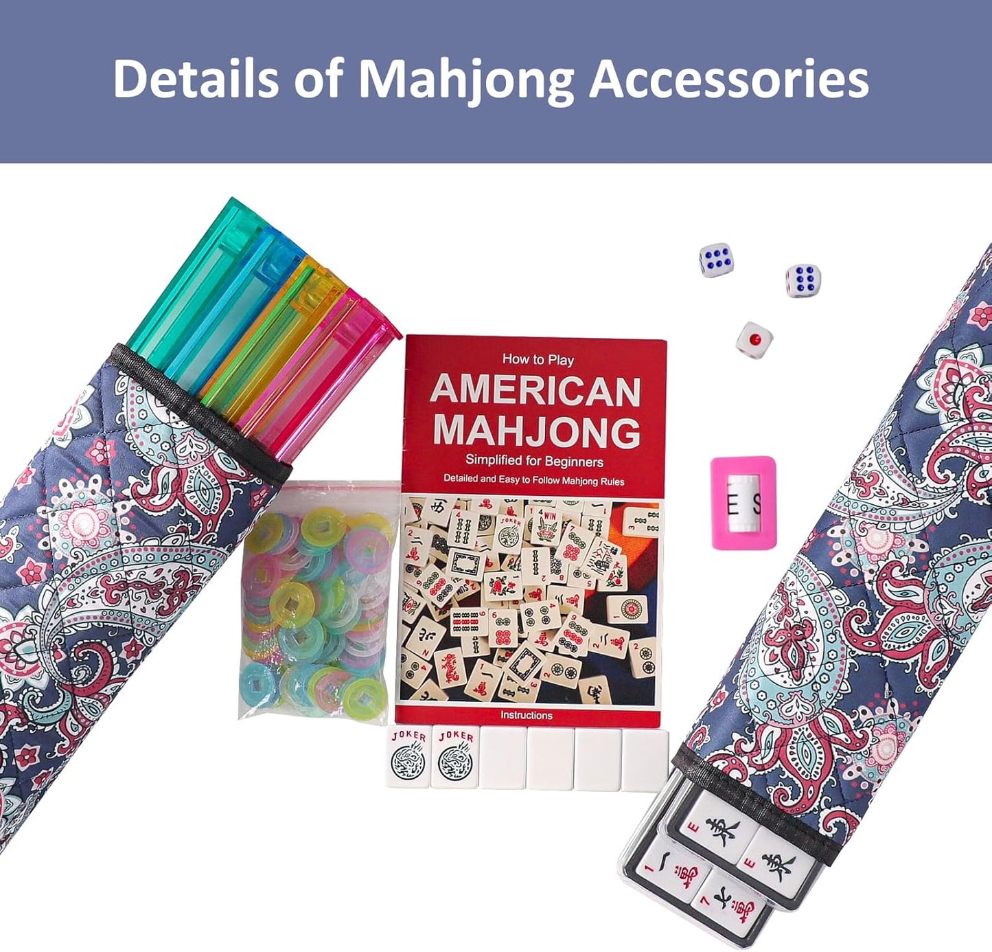 American Mahjong Game Set, 166 White Tiles, 4 All-in-One Color Rack/Pushers, Complete Mahjong Tile Set, Printed Carrying Bag