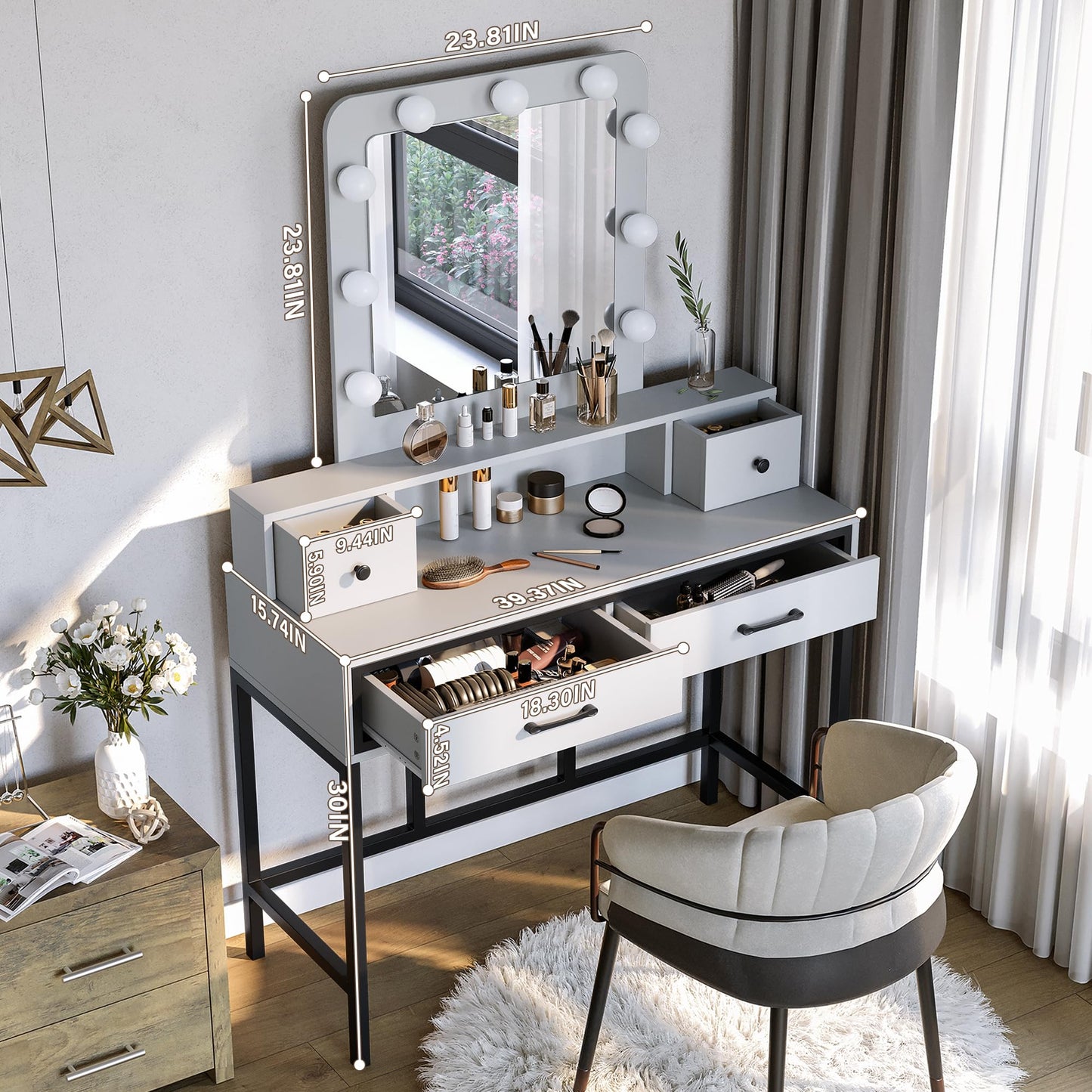 RoyalCraft Vanity Desk with Mirror and Lights, Makeup Vanity with 3 Color Dimmable Lighted Hollywood Mirror, White Makeup Table with 4 Drawers, Large Dressing Table for Women Girls