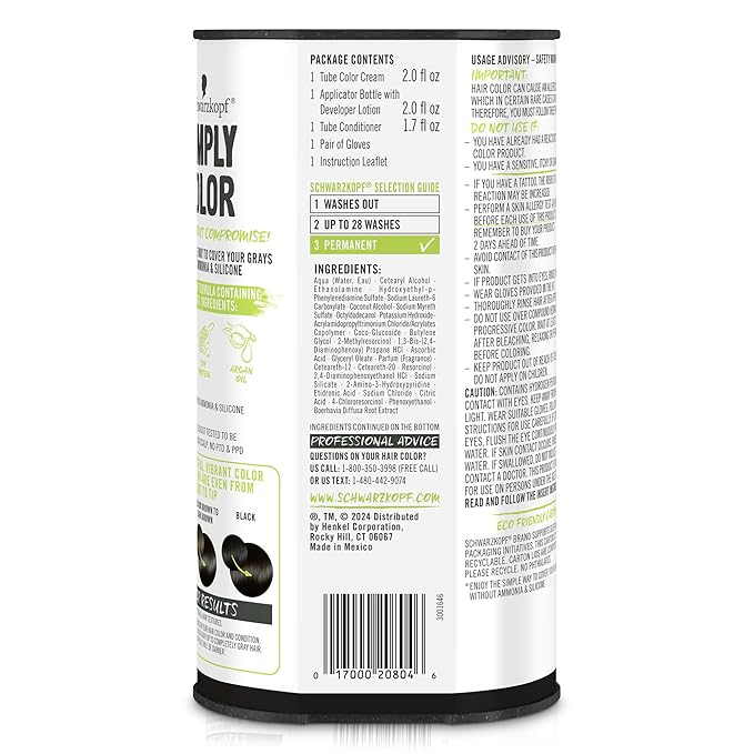 Schwarzkopf Simply Color Permanent Hair Dye, 1.0 Jet Black, Long-Lasting with Nourishing Ingredients, No Ammonia or Silicone, All Hair Types