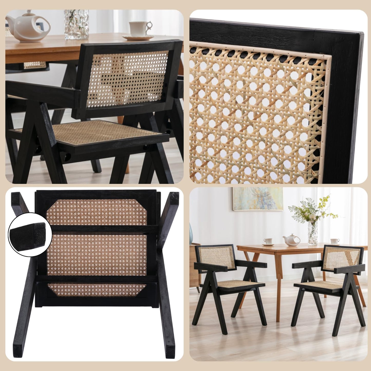 ChicAura Rattan Dining Chairs Set of 4, Mid Century Modern Dining Room Chairs Wicker Armchair Comfy Side Chair Black Wood Boho Kitchen Cane Side Chairs with Arms for Dining Room Bistro