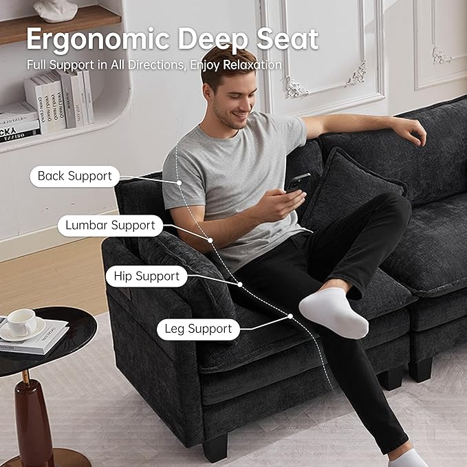 Opiesit 108" Modular Sectional Couches for Living Room with Ottoman, L Shaped Cloud Couch with Charger, USB & Type-c Port, Comfy Sofas with Deep Seat, Chenille Fabric, Black