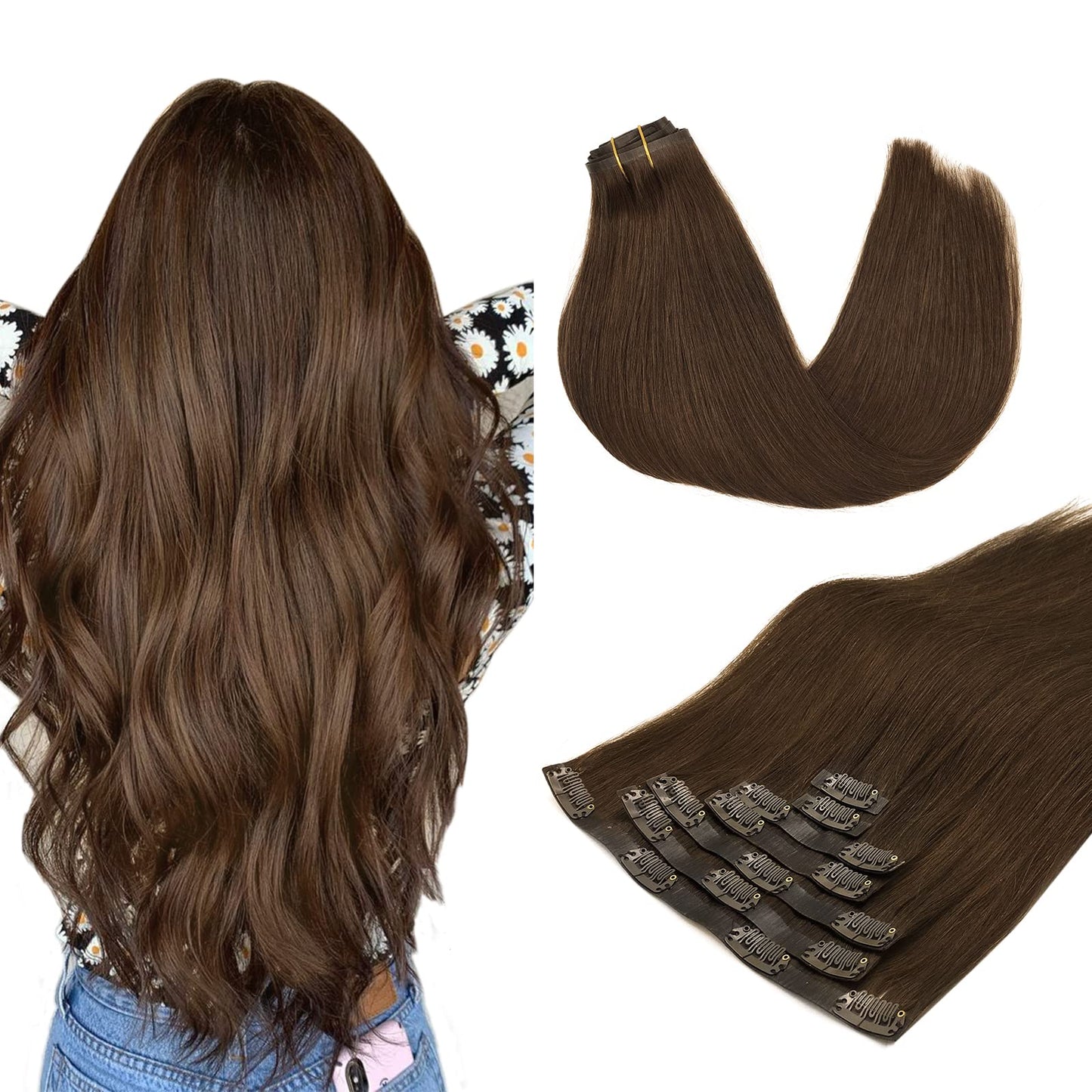 MAXITA Real Human Hair Extensions, 22 Inch Chocolate Brown 150g 7pcs, Clip in Remy Straight Long Hair Extensions, Seamless Clip