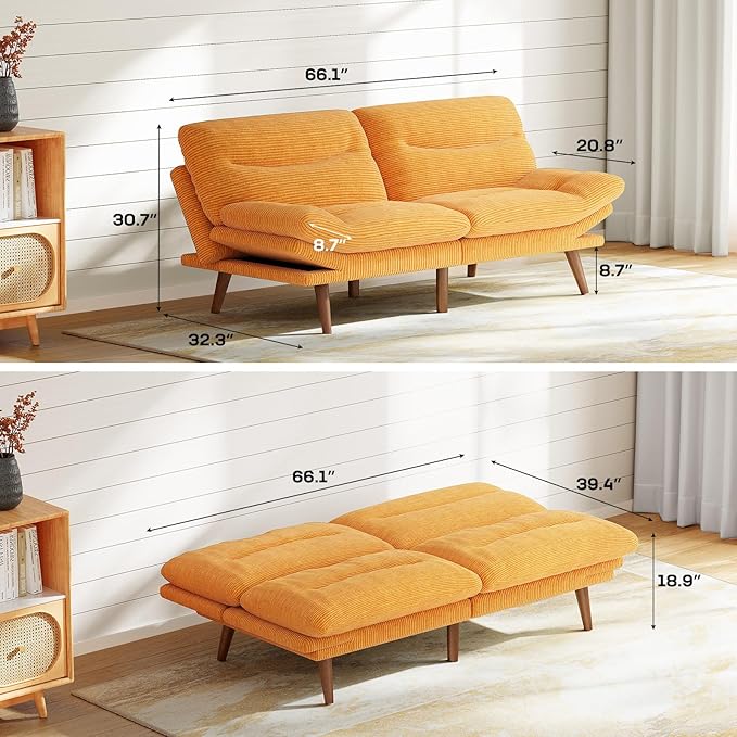 Marsail Futon Sofa Bed, 66” Futon Couch with Adjustable Backrest & Armrests, Convertible Small Sleeper Sofa Bed for Small Apartments, Study Room, Office, Corduroy Loveseat, Yellow