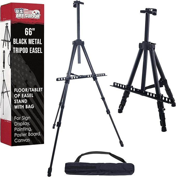 U.S. Art Supply 66" Black Metal Tripod Easel Display - Adjustable 20"- 5.5', Holds 32" Canvas - Floor/Tabletop Easel Stan...