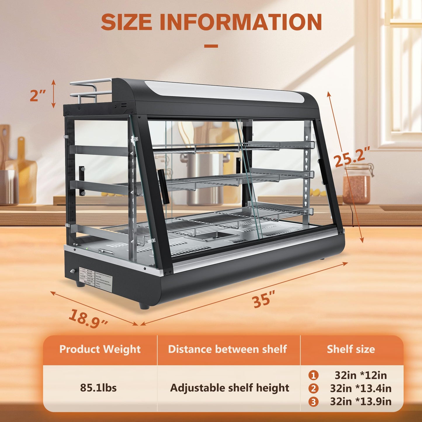 Whalefall Countertop Food Warmer with top Holder, 35 inch Commercial Food Warming Cabinet, tri-Color Lighting, w/Thermometer and Adjustable Thermostat for Cafeteria Kitchens Restaurants