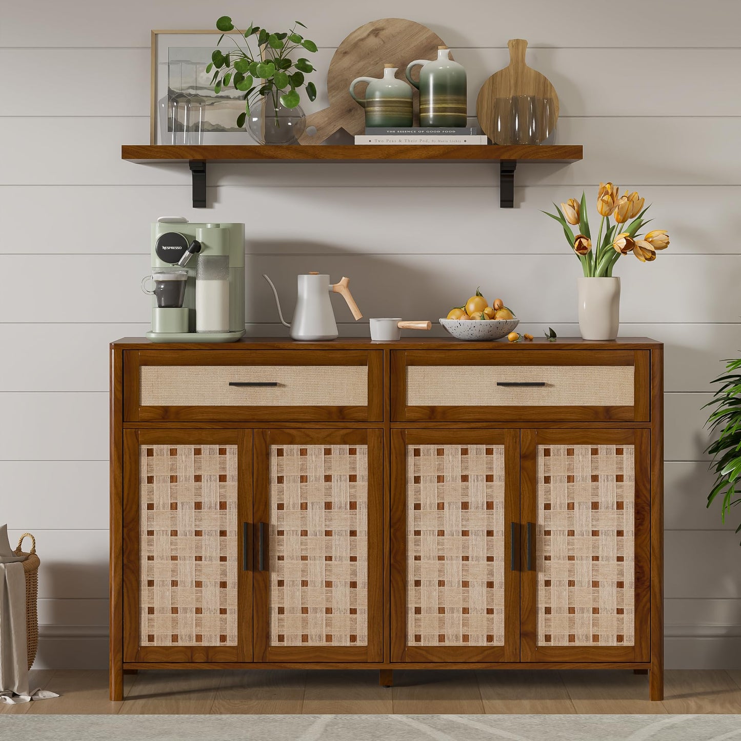 Mxtxmy Farmhouse Sideboard Buffet with Storage, 55' Large Buffet with 4 Doors and 2 Drawers, Wood Coffee Bar, Storage Cabinet for Kitchen, Dining Room, Living Room (Walnut)