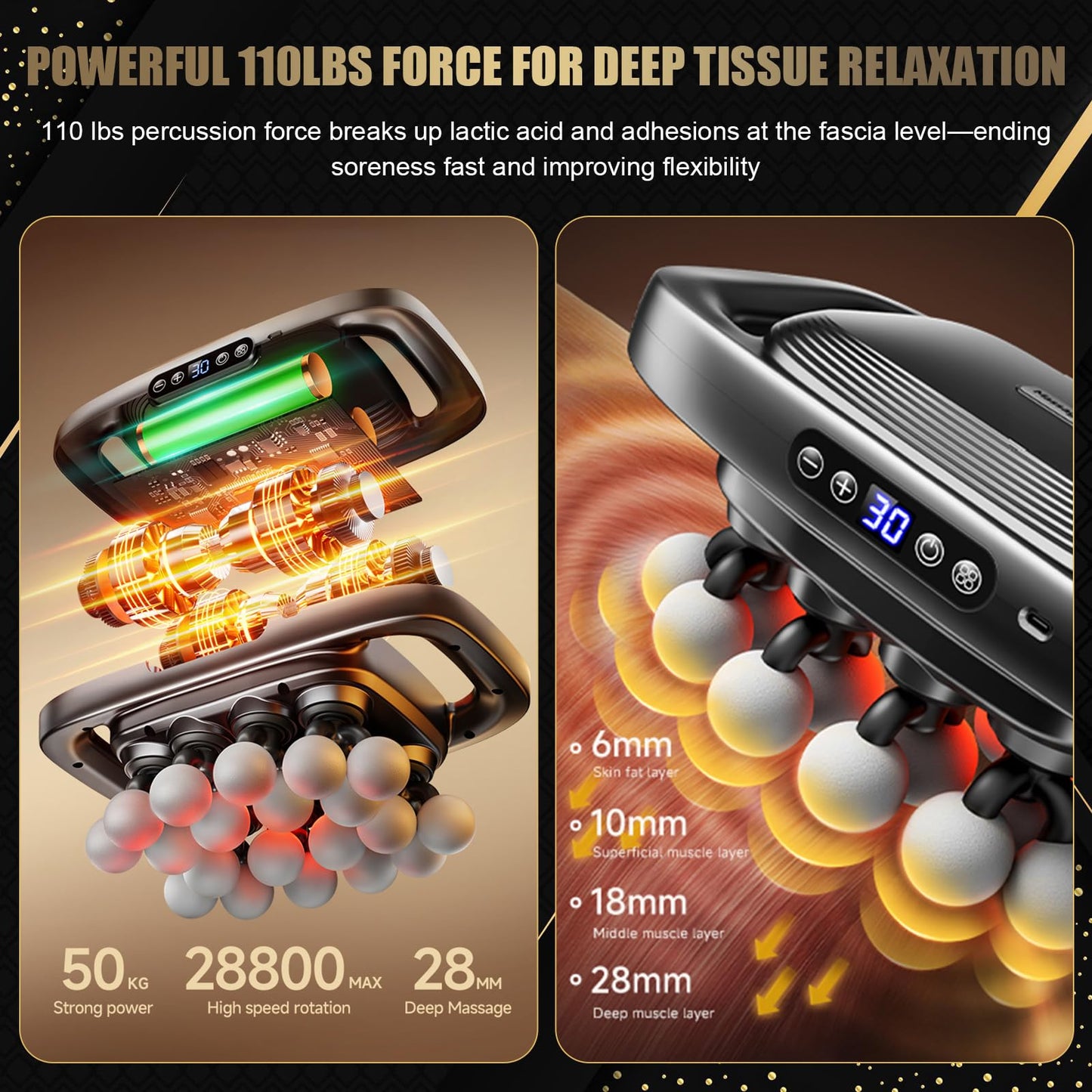 20 Head Massage Gun Deep Tissue, Full Body Massage for Pain Relief, Electric Lower Back Massager with 3 Modes & 30 Intensities, Percussion Muscle Massager Gun for Back, Neck, Shoulder, Legs, Waist