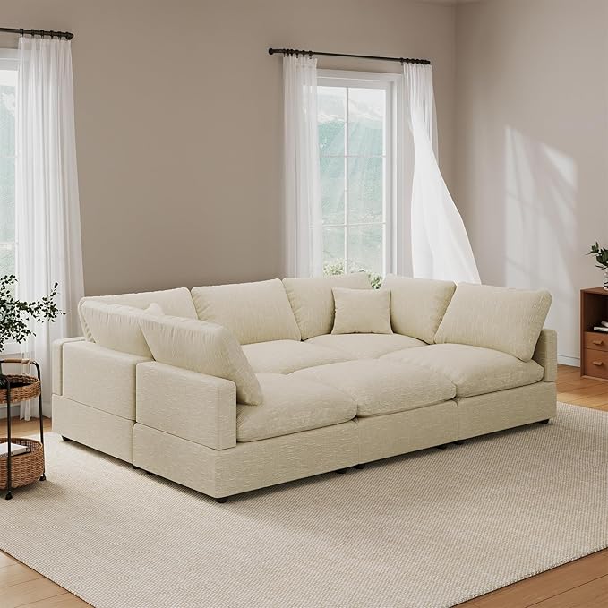 Cloud Couch Modular Sectional Sofa, 95.4" 6-Seater Sectional Couches for Living Room, Convertible Cloud Sofa with Ottoman, Down Filled Wide & Deep Seat, Removable Washable Cushion Covers