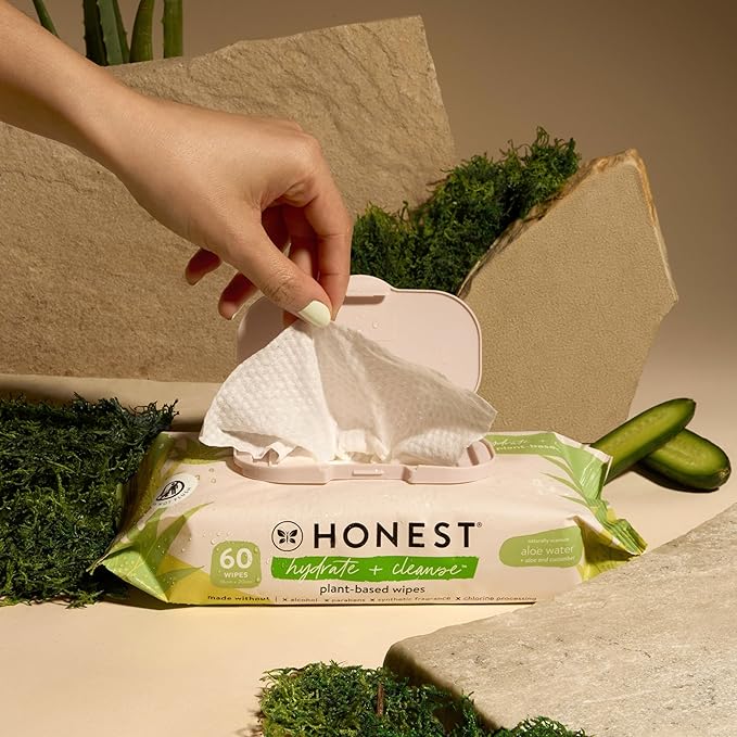The Honest Company Hydrate and Cleanse Naturally Scented Wipes Cleansing Multi-Tasking 99% Water Plant Based Hypoallergenic Aloe Cucumber 240 Count