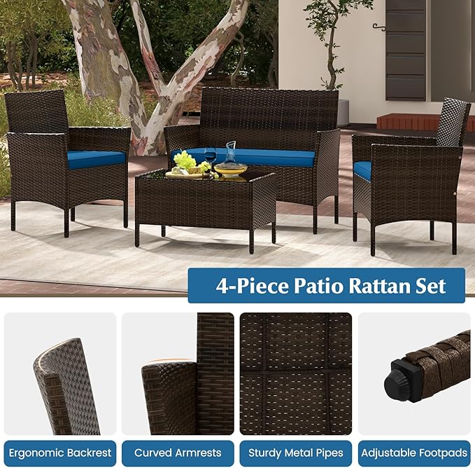 KOTEK 4 Piece Patio Furniture Set, Outdoor Rattan Conversation Set with Loveseat, Wicker Chairs, Tempered Glass Coffee Table, Wicker Patio Set for Backyard, Porch (Peacock Blue)